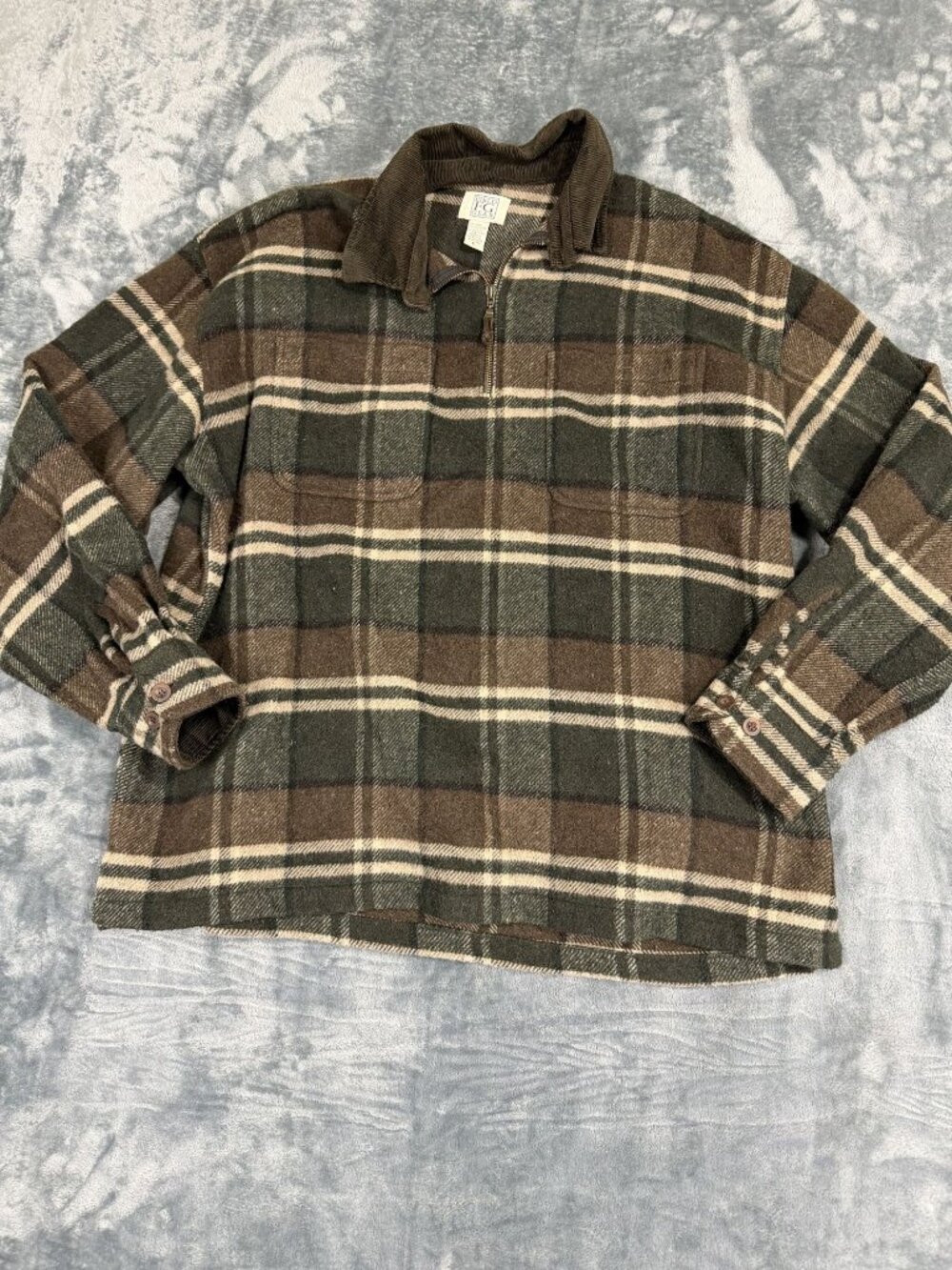 Field Gear Mens Plaid Quarter-Zip Pullover Shirt Wool Blend Brown/Green L